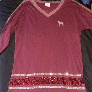 PINK Victoria's Secret Maroon Sequin Long Sleeve Tee